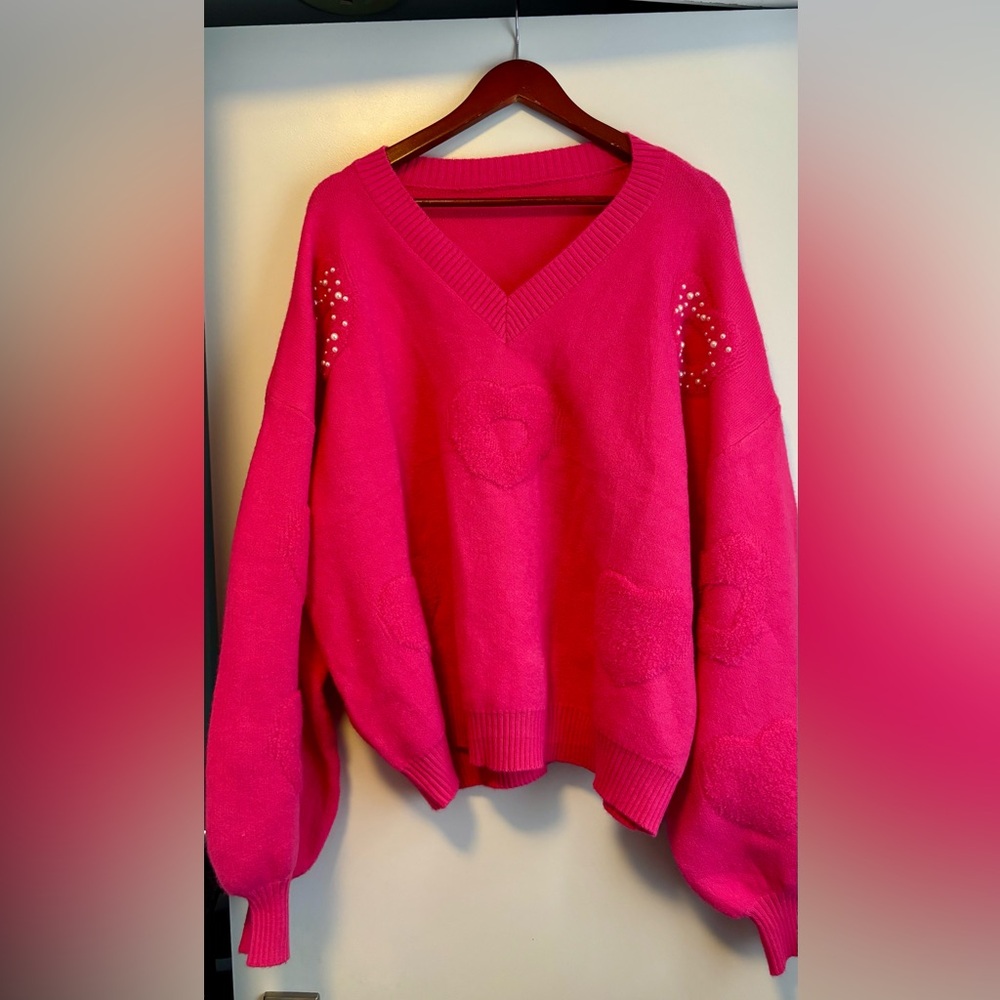 NEW Women's Fuzzy Heart Sweater V Neck Pearl Drop Shoulder Casual Long Sleeve XL